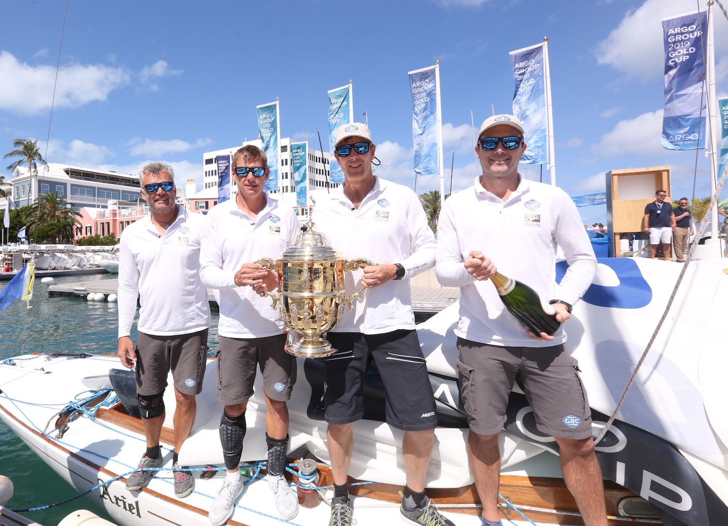 The Team GAC Pindar crew (from left) Gerry Mitchell, Richard Syndham, skipper Ian Williams and Tom Powrie, winners of the 69th Argo Group Gold Cup. Charles Anderson photo