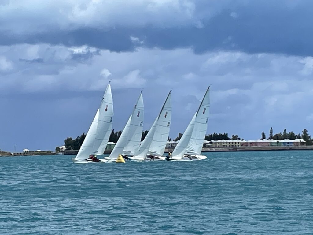 Marblehead’s Bill Widnall and Charlie Richter lead a tightly packed group around the weather mark during the final race of Bermuda Race Week 2023.